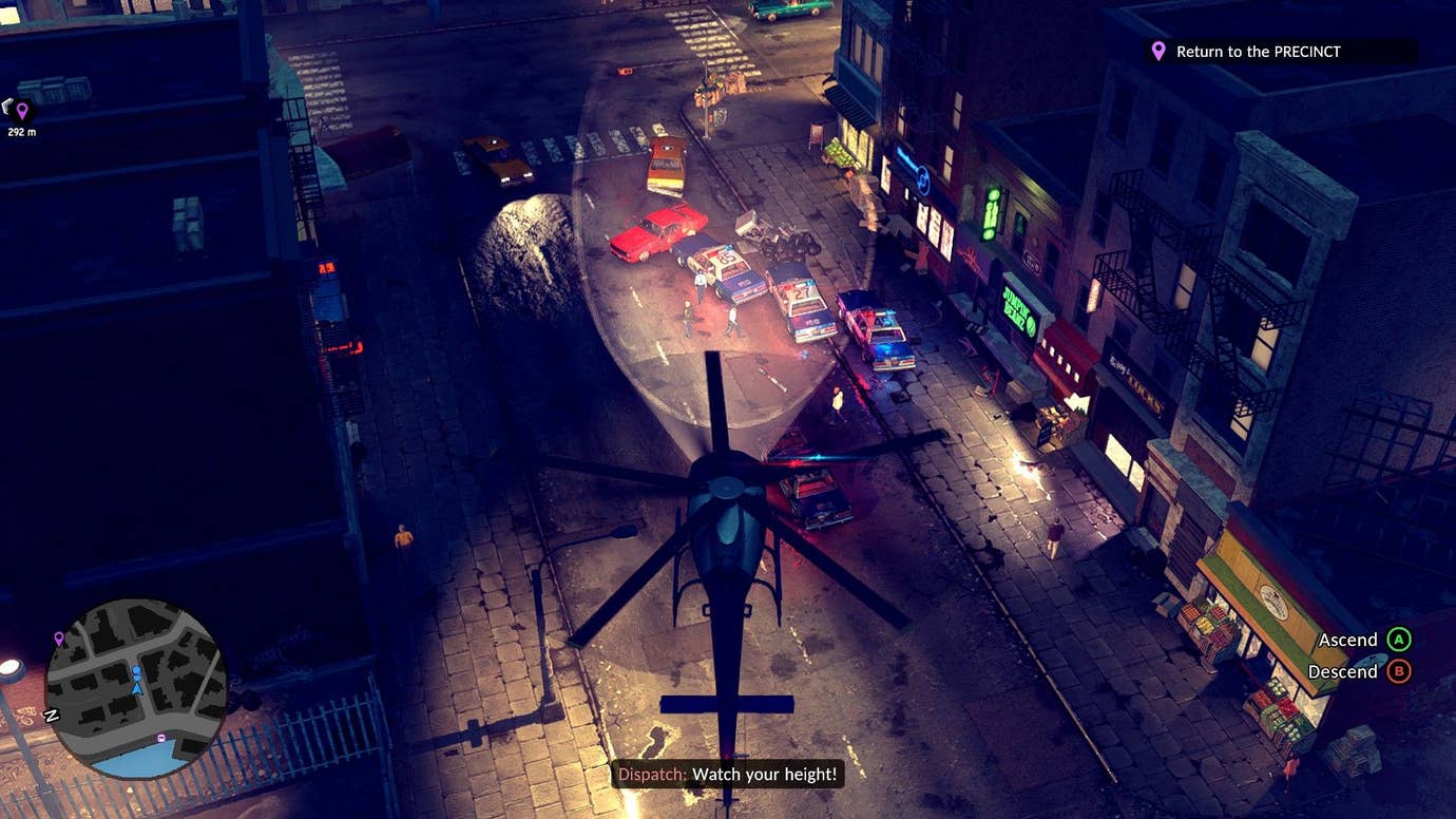 The player flies a helicopter above the streets at night, shining a spotlight on suspects.